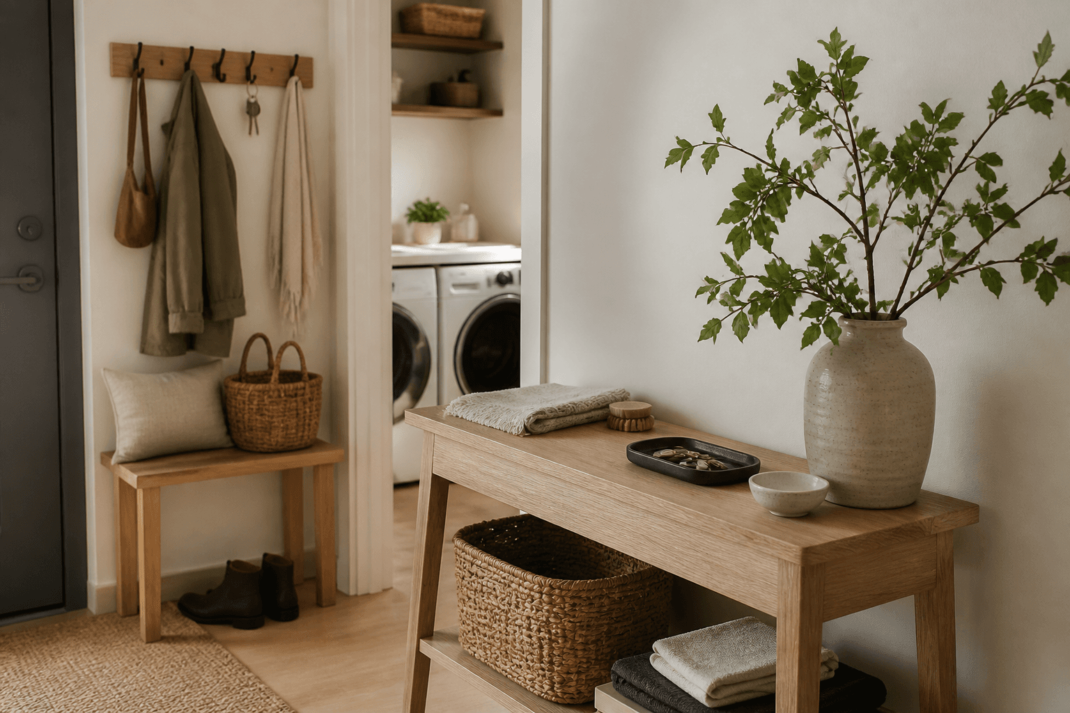 A thoughtfully organized apartment entry and laundry space